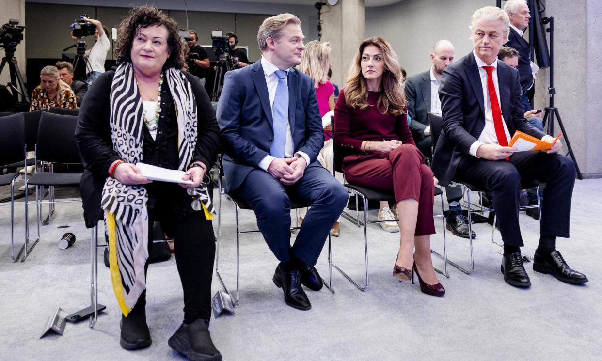 <span>Netherlands' party leaders of the new coalition government (from left): Caroline van der Plas (Farmer-Citizen), Pieter Omtzigt (New Social Contract), <a href="https://www.google.com/search?sca_esv=5d51b42a17f98a69&sca_upv=1&q=dilan+yesilgoz&uds=ADvngMgpYEU-_VPft0z-hmM5h-H0e4CANNLYXmUunWWTxYIwooDZ7Zecyocph_uzf9A94FhNeDld-c_Zoi43uSFNfDVsgsLsxpCaK-T4T5CHNjezeG_taPWZ1ut6Clot2pIBQRWbOU1VAh2jTShh83j0DmBu4I-0B3IILOSh0j09tPPSRvVI0muJUMNk_Kyr0fzpvBZQApbJ0dSwoKz2mH22M85NIJIfSb8zRYyHGuDLTQeFIa1riarP4T2TzKZThpOZLQMS-nZxpffwRDgBO39Tw_aubGicWEJ0RO09D2C7HlAgP-ZvzCM&udm=2&prmd=invmbtz&sa=X&sqi=2&ved=2ahUKEwi2maO5s5KGAxWuzAIHHeaECtQQtKgLegQIDRAB" rel="nofollow noopener" target="_blank" data-ylk="slk:;elm:context_link;itc:0;sec:content-canvas" class="link "><br></a>Dilan Yeşilgöz (Freedom and Democracy) and Geert Wilders (Party for Freedom).</span><span>Photograph: Sem van der Wal/ANP/AFP/Getty Images</span>