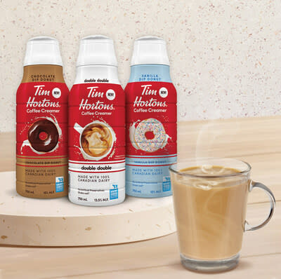 NEW Tim Hortons Coffee Creamers now available at grocery stores across Canada in three signature flavours: Double Double, Vanilla Dip Donut and Chocolate Dip Donut (CNW Group/Tim Hortons)