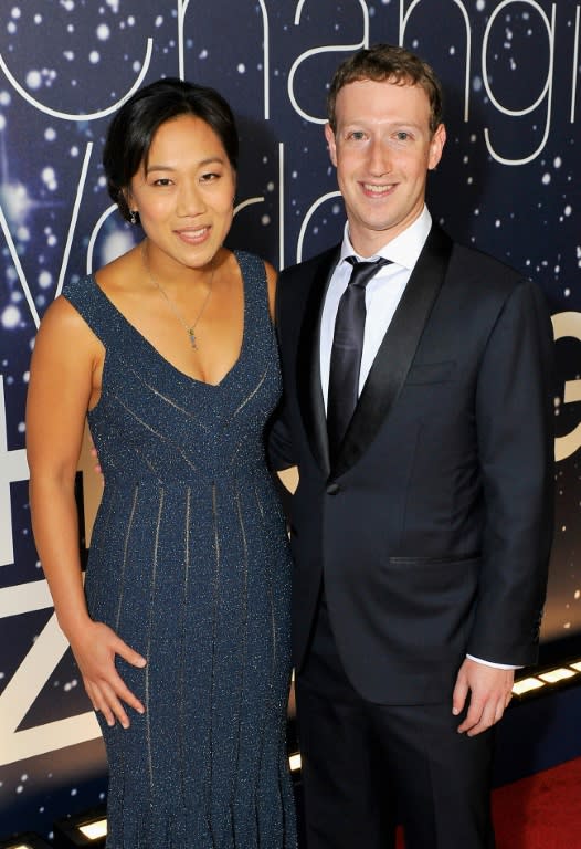 Breakthrough Prize Founders Priscilla Chan and Mark Zuckerberg attend the Breakthrough Prize awards ceremony, at NASA Ames Research Center in Mountain View, California, in November 2014