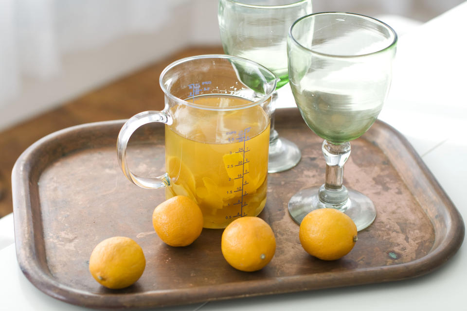 In this image taken on January 7, 2013, a pitcher of Meyer lemon margaritas is shown served on a tray in Concord, N.H. (AP Photo/Matthew Mead)