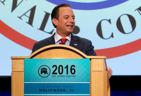 Republican National Committee Chairman Reince Priebus speaks at a general session at the Republican National Committee Spring Meeting at the Diplomat Resort in Hollywood, Florida April 22, 2016. REUTERS/Joe Skipper/File Photo