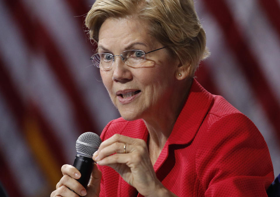 FILE - In this Oct. 2, 2019 file photo, Democratic presidential candidate Sen. Elizabeth Warren, D-Mass., speaks during a gun safety forum in Las Vegas. Warren proposed breaking up big tech companies in March. She garnered immediate support, even from rivals such as Sen. Ted Cruz, a Texas Republican who retweeted Warren for what he said was the first time. Cruz said “she’s right — Big Tech has way too much power to silence Free Speech.” (AP Photo/John Locher, File)