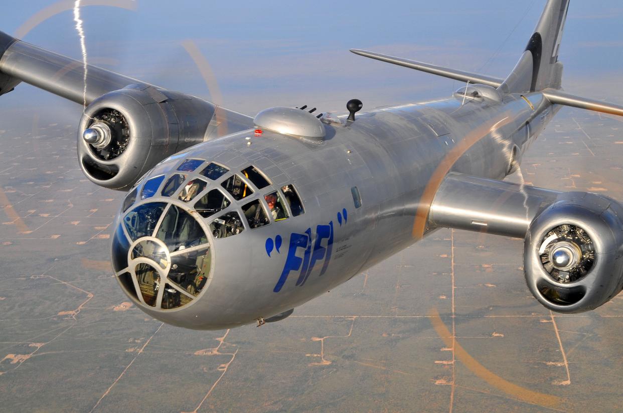 The B-29 Superfortress “Fifi” is shown. The aircraft is coming to Toledo Express Airport, Swanton, Ohio, in August.