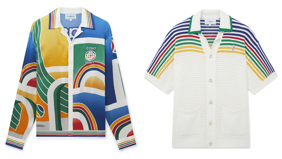 Casablanca Casa Sport Print Silk Button-Up Shirt ($1,145); Rainbow Crochet Stitch Sleeve Button-Up Shirt ($550)