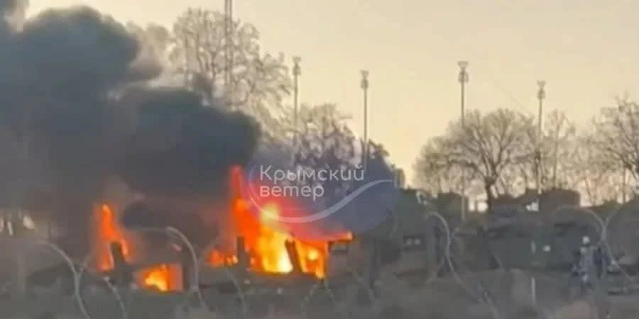 Russian military equipment is on fire at the Belbek airport in Crimea