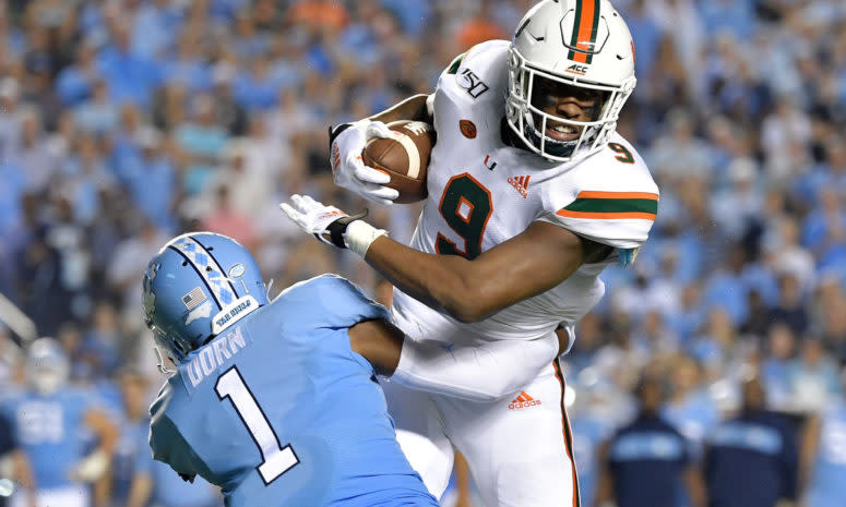 Brevin Jordan catches a pass for Miami.