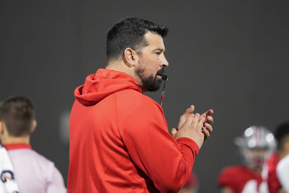 Ohio State Buckeyes head coach Ryan Day leads a spring football practice at the Woody Hayes Athletics Center in Columbus on March 22, 2022.