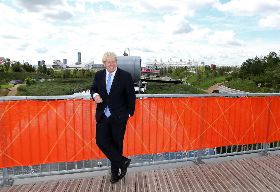 Mayor of London Boris Johnson visits the Olympic Park and Olympic Village in London.