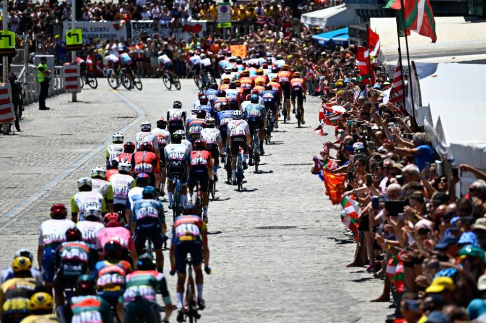 The pack of riders pictured in action during the third stage of the Tour de France cycling race a 1874 km race from AmorebietaEtxano to Bayonne France Monday 03 July 2023 This years Tour de France takes place from 01 to 23 July 2023 BELGA PHOTO JASPER JACOBS Photo by JASPER JACOBS  BELGA MAG  Belga via AFP Photo by JASPER JACOBSBELGA MAGAFP via Getty Images