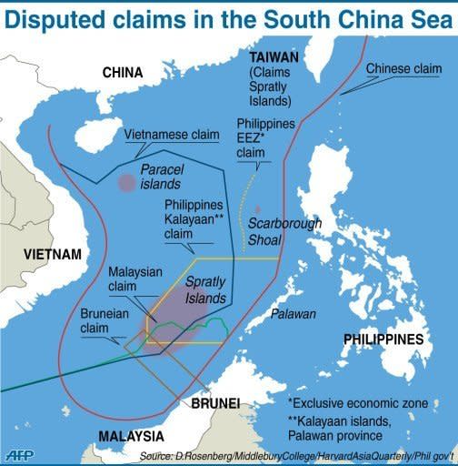 Graphic on the disputed islands in the South China Sea. The Philippines has vowed to fight China "to the last man standing", as a Chinese warship patrolled around a remote reef occupied by a handful of Filipino marines in disputed waters