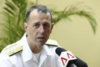 U.S. Chief of Naval Operations Adm. John Richardson fields questions during a media roundtable on the sidelines of the International Maritime Defense Exhibition in Singapore, Wednesday, May 15, 2019. (AP Photo/Yong Teck Lim)