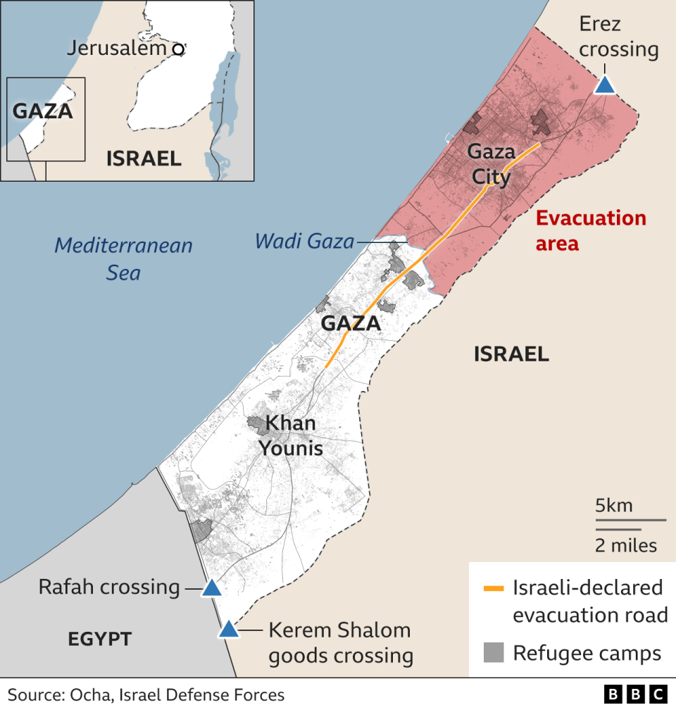 Map of Gaza showing the zone in the north which Israeli authorities have ordered civilians to evacuate by moving south of the Wadi Gaza.