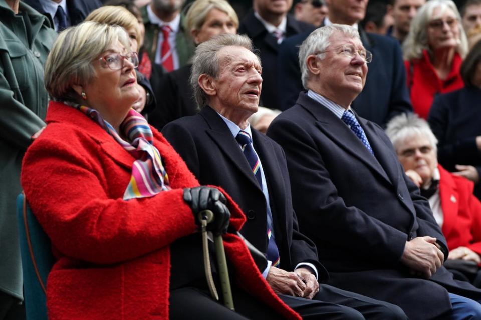 Diana Law, Denis Law, centre, and Sir Alex Ferguson during the unveiling (Andrew Milligan/PA) (PA Wire)