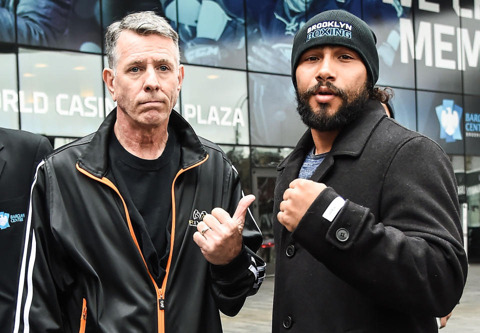 NEW YORK, NY - JANUARY 18:  WBA welterweight champion Keith Thurman (R) along with his trainer Dan Birmingham pose during a press conference to promote the fight against WBC welterweight champion Danny Garcia  at Barclays Center on January 18, 2017 in New York City.  (Photo by Daniel Zuchnik/Getty Images)