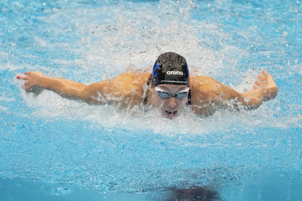 Gretchen Walsh swims during the Women's 100 butterfly semifinals heat Saturday, June 15, 2024, at the US Swimming Olympic Trials in Indianapolis. (AP Photo/Darron Cummings)