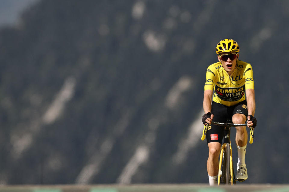 Jumbo-Visma's Danish rider Jonas Vingegaard cycles to the finish line the 17th stage of the 110th edition of the Tour de France cycling race, 166 km between Saint-Gervais Mont-Blanc and Courchevel, in the French Alps, on July 19, 2023. (Photo by Anne-Christine POUJOULAT / AFP)