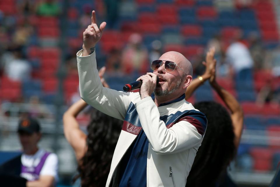 Pitbull performs prior to a NASCAR Cup Series  race at Phoenix Raceway on March 8, 2020.