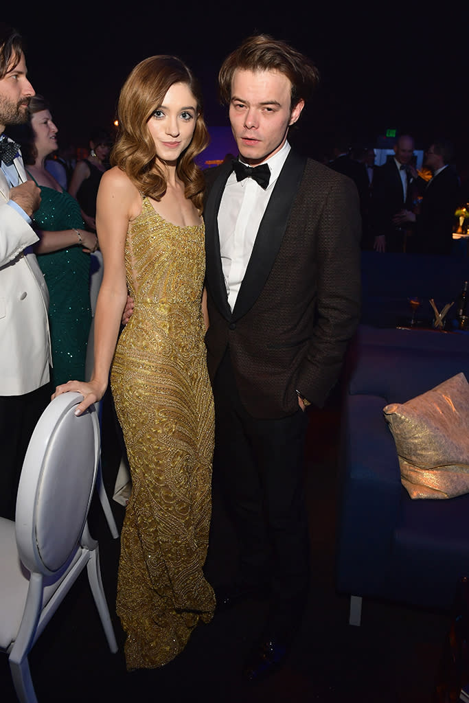 <p>Co-stars and real-life couple Natalia Dyer and Charlie Heaton represented<em> Stranger Things</em> at the Governors Ball. (Photo: Matt Winkelmeyer/WireImage) </p>