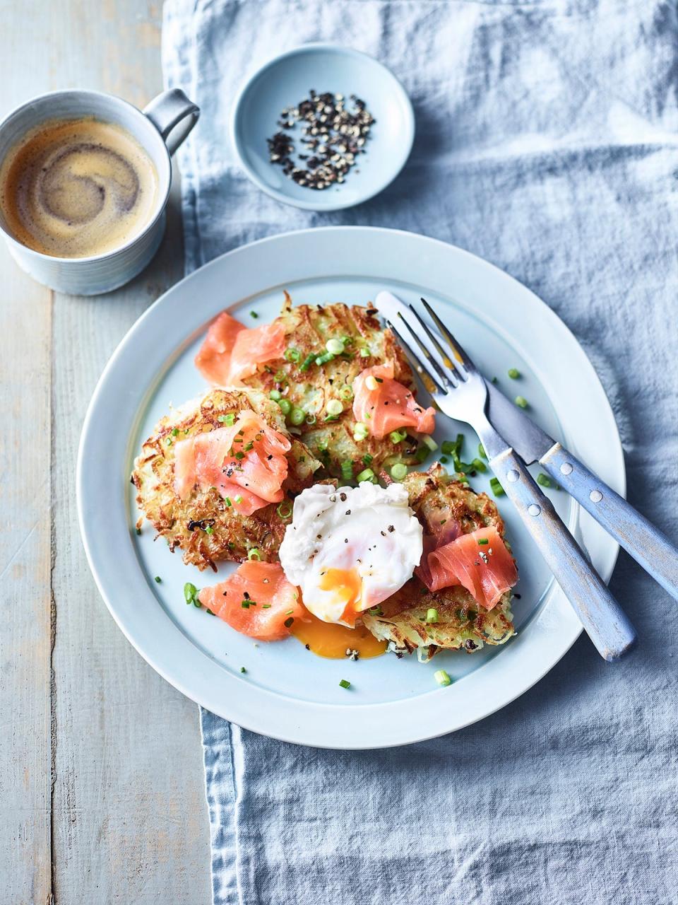 Crispy potato rosti makes the perfect base for rich smoked salmon and oozy poached eggs (Milk + More)