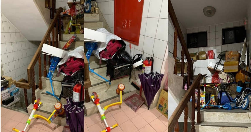 一名女網友發文指控，鄰居將公寓的樓梯間堆滿雜物。（圖／翻攝自「爆料公社」臉書）