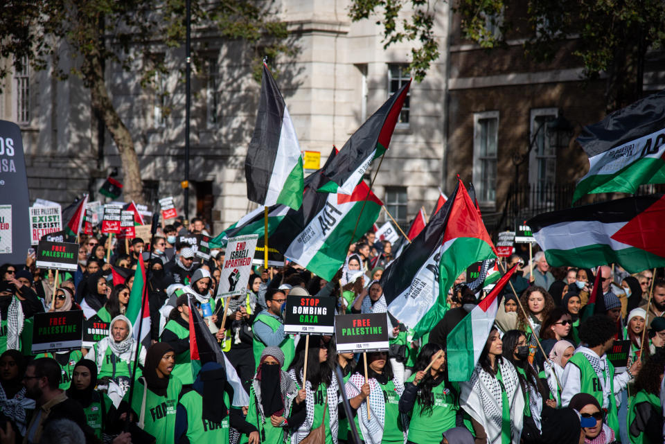 LONDON, UNITED KINGDOM - 2023/10/14: Crowds of protesters march during the National Demonstration - March For Palestine. Protesters took to the streets to demand Israel end its violent imposition of a system of occupation, apartheid and colonisation over the Palestinian people. (Photo by Loredana Sangiuliano/SOPA Images/LightRocket via Getty Images)