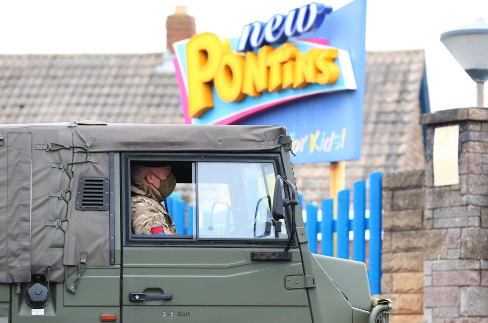 Soldiers at Pontin's in Southport where they will be staying ahead of the start of mass Covid-19 testing in Liverpool. (Photo by Peter Byrne/PA Images via Getty Images)