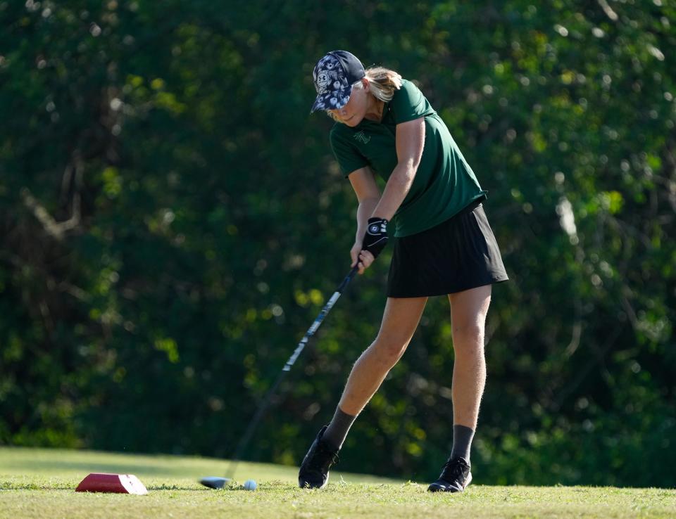 Father Lopez's Sabrina Smith tees off during the 9-Hole Challenge at Daytona Beach Golf Club, Thursday, Sept. 7, 2023.