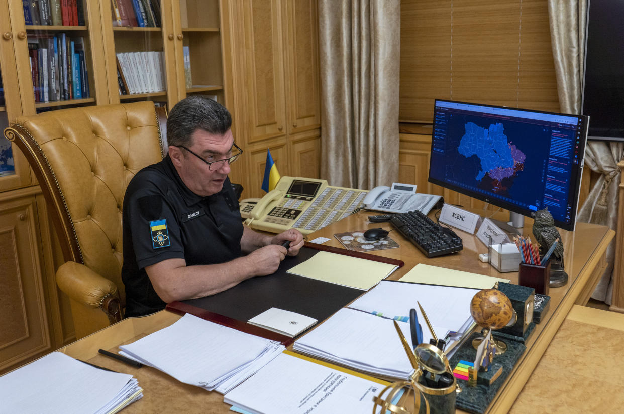 The head of Ukraine's powerful National Security Council, Oleksiy Danilov, speaks to The Associated Press in an interview at his office in Kyiv, Ukraine, on Friday, Sept. 2. Danilov appealed for additional assistance in the making the Zaporizhzhia nuclear power plant safe as the site remains caught in the middle of heavy fighting. (AP Photo/Hanna Arhirova