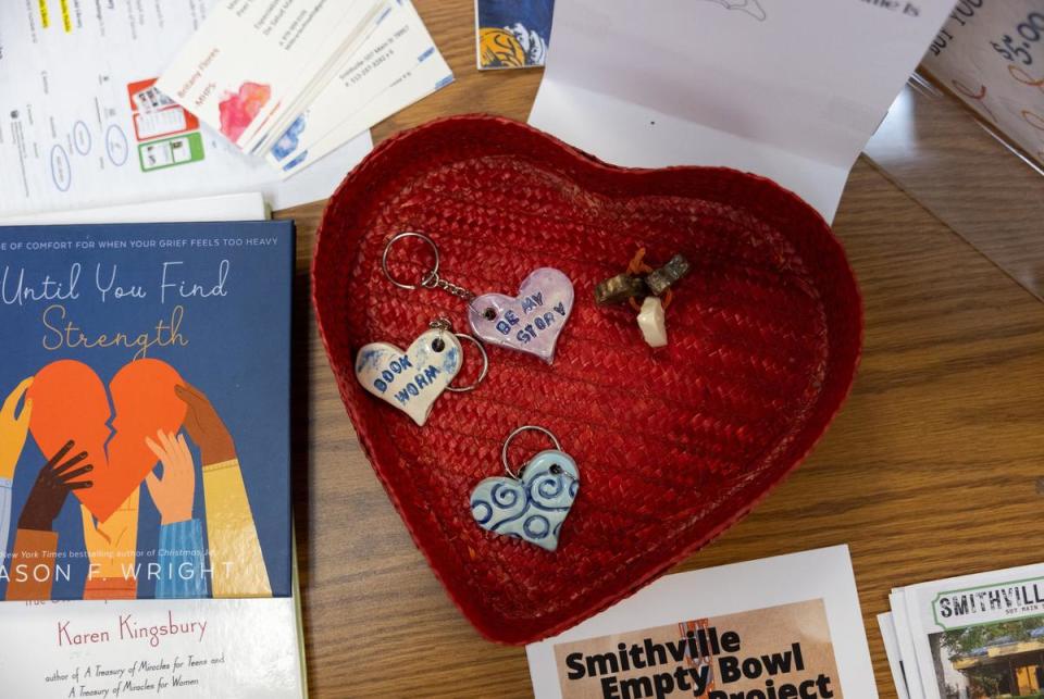 Pocket hearts sit in a heart tray in the Smithville Public Library in Smithville, Texas on Mar. 11, 2024. During the month os January, the Smithville Public Library had an initiative for self care where they gave away these hearts for people to keep in their pockets. Whenever you reach into your pocket and feel the heart, you are reminded take care of yourself and practice self care, and when you come across someone who may need the heart, you can pass it along to them.