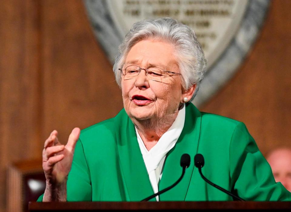 PHOTO: In this March 7, 2023 file photo, Alabama Gov. Kay Ivey delivers her State of the State address in Montgomery, Ala.  (Julie Bennett/AP, FILE)