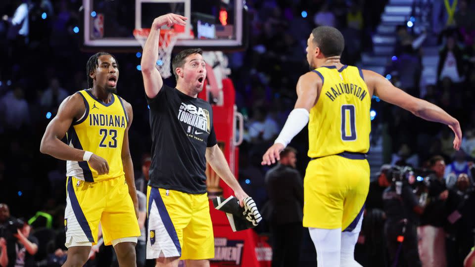 Pacers players Aaron Nesmith, TJ McConnell and Tyrese Haliburton are looking to win the NBA Cup and $500,000 each on Saturday. - Ethan Miller/Getty Images