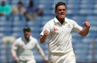 Cricket - India v Australia - First Test cricket match - Maharashtra Cricket Association Stadium, Pune, India - 24/02/17. Australia's Steve O'Keefe celebrates the wicket of India's Ajinkya Rahane. REUTERS/Danish Siddiqui