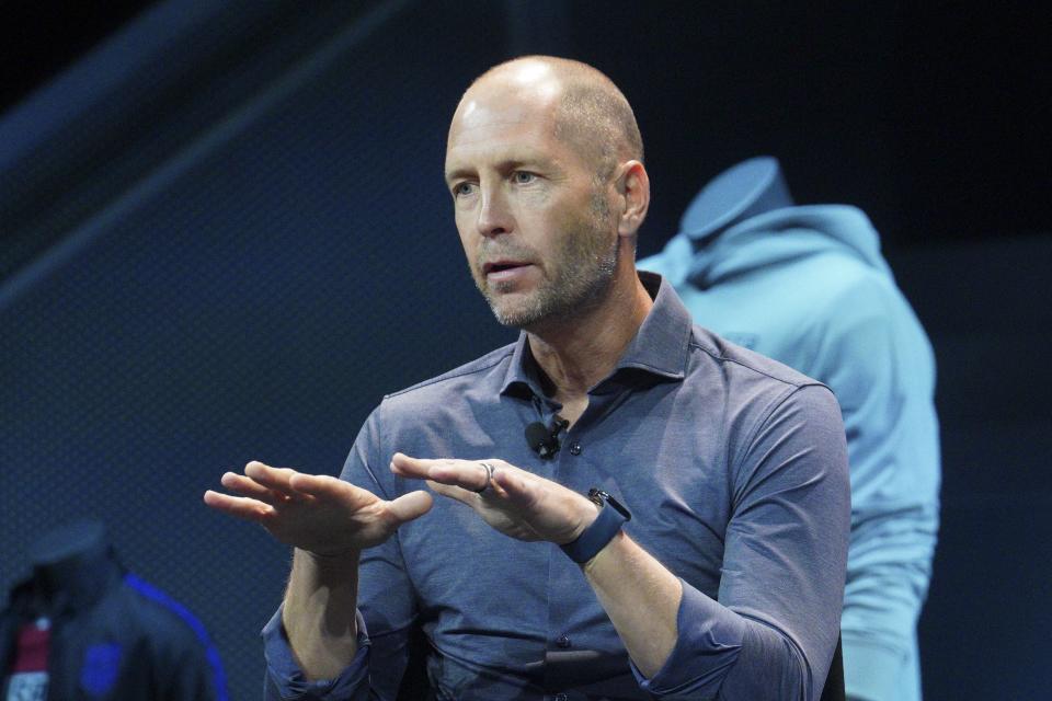 U.S. men's soccer coach Gregg Berhalter speaks during a news conference Wednesday, Aug. 31, 2022, in New York. (AP Photo/Bebeto Matthews)