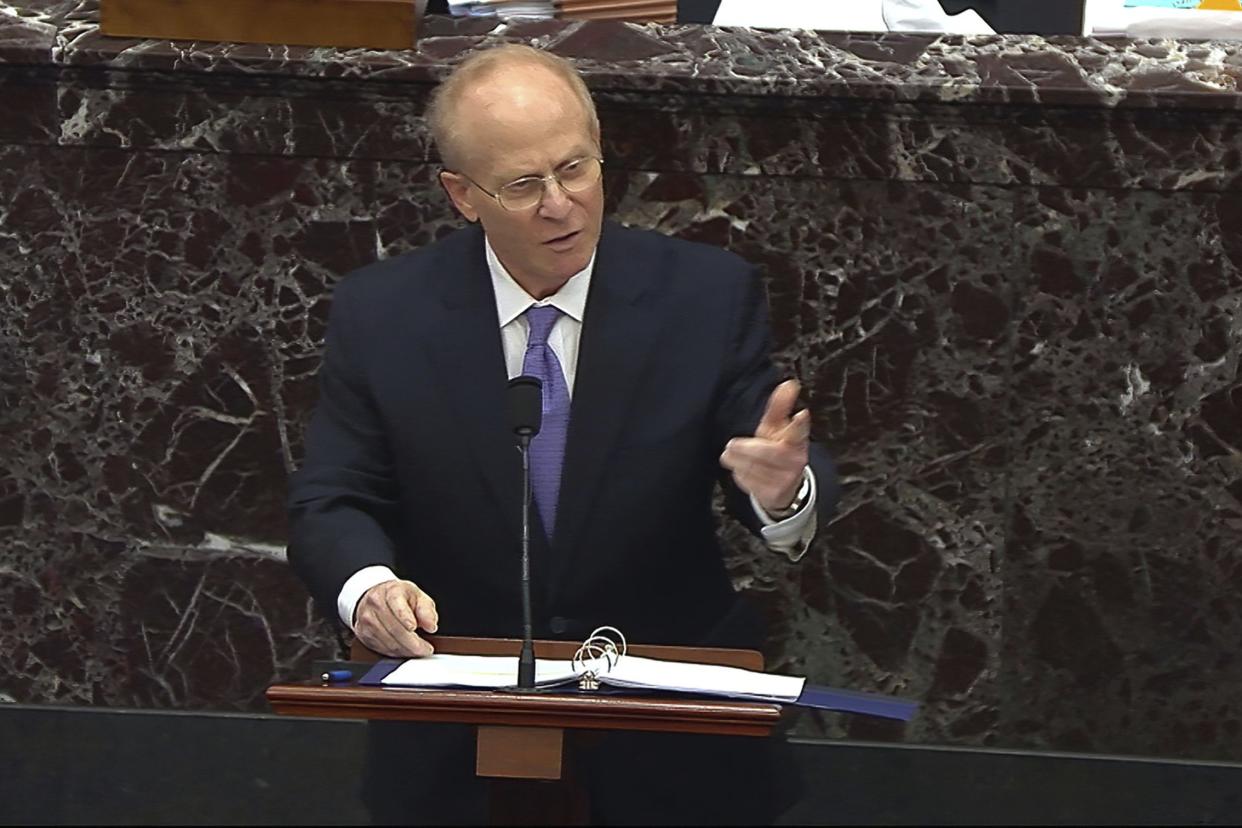 In this image from video, David Schoen, an attorney for former President Donald Trump, speaks during the second impeachment trial of Trump in the Senate at the U.S. Capitol in Washington, Friday, Feb. 12, 2021. (Senate Television via AP)