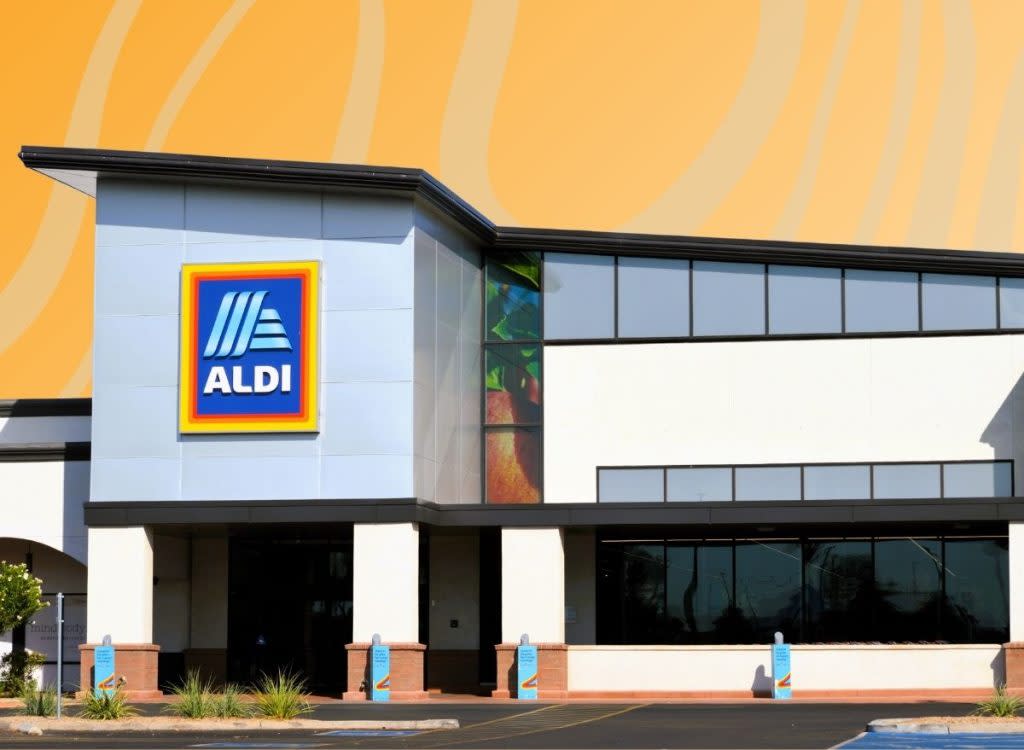 Aldi storefront on patterned orange background