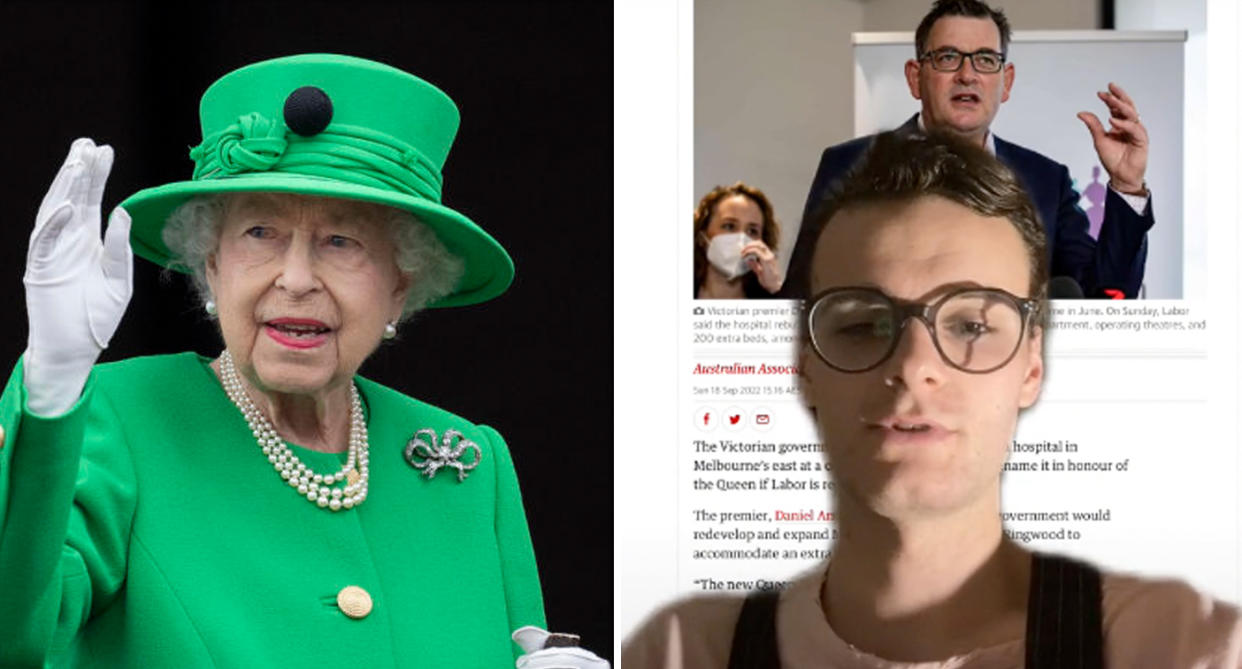 An image of the late-Queen Elizabeth II next to a screenshot of a TikTok where a young Greens member criticises the decision for Victoria to rename Maroondah Hospital in Ringwood, Melbourne to Queen Elizabeth II Hospital . Source: Getty and TikTok