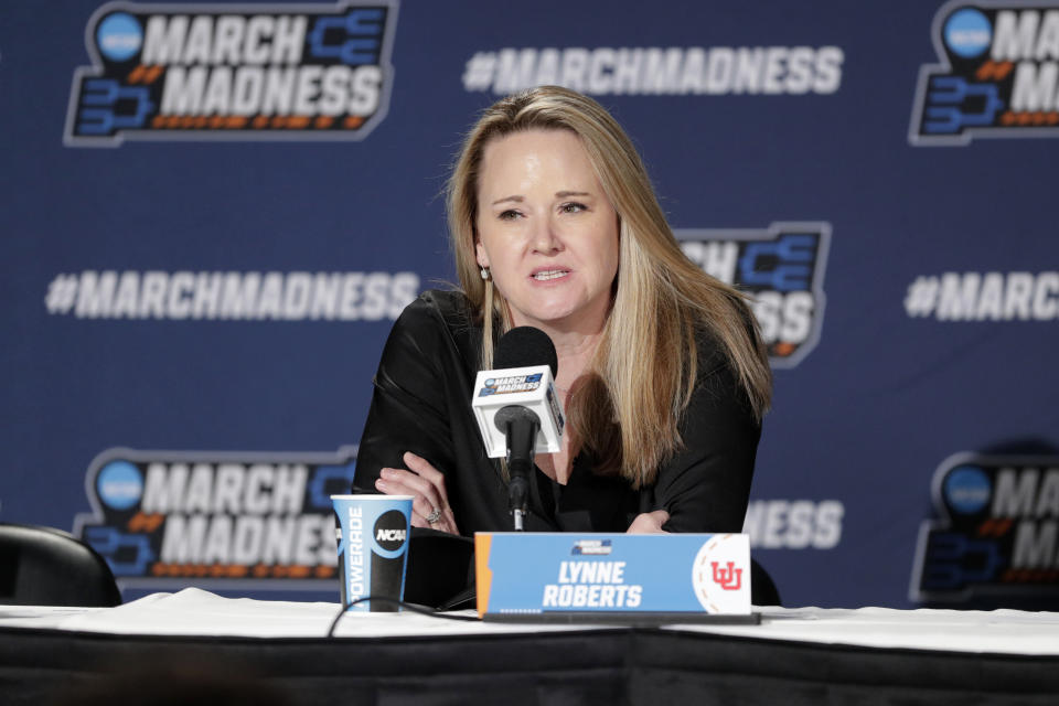 Utah head coach Lynne Roberts speaks during a press conference after a second-round college basketball game against Gonzaga in the NCAA Tournament in Spokane, Wash., Monday, March 25, 2024. (AP Photo/Young Kwak)