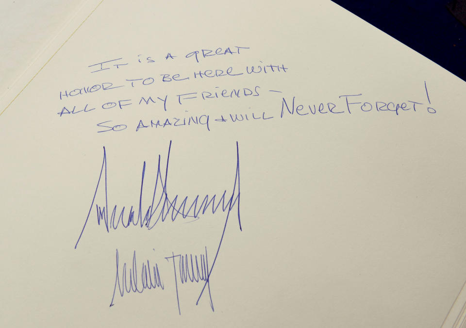 <p>The message written by U.S. President Donald Trump and his wife Melania, is seen in the Yad Vashem Holocaust Museum guestbook in Jerusalem May 23, 2017. (Debbie Hill/Pool/Reuters) </p>