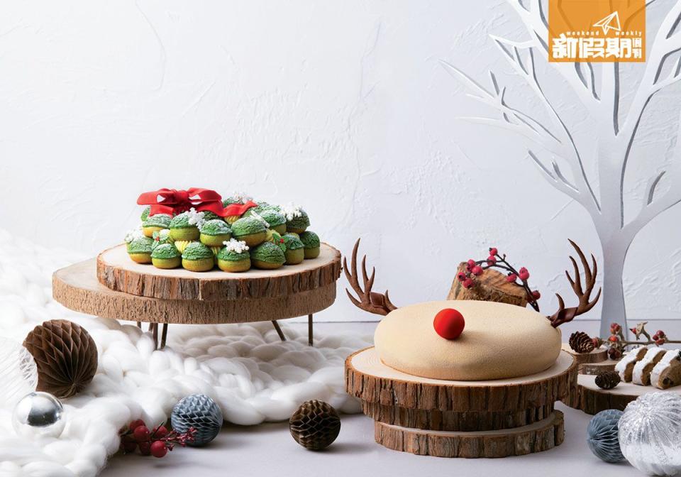 甜品有鹿仔朱古力蛋糕和抹茶泡芙聖誕環。