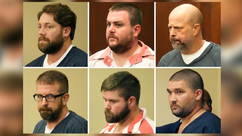 PHOTO: Former Rankin County sheriff's deputies Hunter Elward, Christian Dedmon, Brett McAlpin, Jeffrey Middleton, Daniel Opdyke and former police officer Joshua Hartfield appearing at the Rankin County Circuit Court in Brandon, Miss., Aug. 14, 2023.  (Rogelio V. Solis/AP)