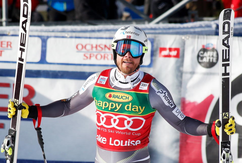 Kjetil Jansrud, of Norway, reacts in the finish area at the men's World Cup super-G ski race at Lake Louise, Alberta, Sunday, Nov. 25, 2018. (Jeff McIntosh/The Canadian Press via AP)