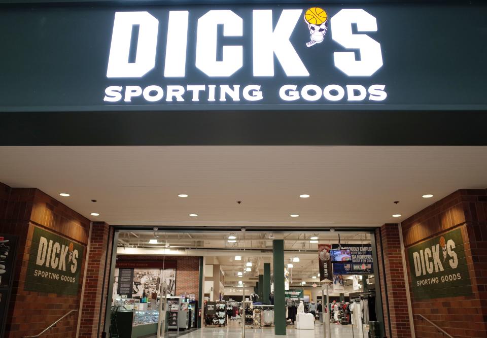 The entrance to the Dick's Sporting Goods store is seen in Glendale, California on February 28, 2018.   Dick's, one of the nation's largest sports retailers, said February 28 that it was immediately ending sales of all assault-style rifles in its stores. The retailer also said that it would no longer sell high-capacity magazines and that it would not sell any gun to anyone under 21 years of age, regardless of local laws. / AFP PHOTO / Robyn Beck        (Photo credit should read ROBYN BECK/AFP/Getty Images)