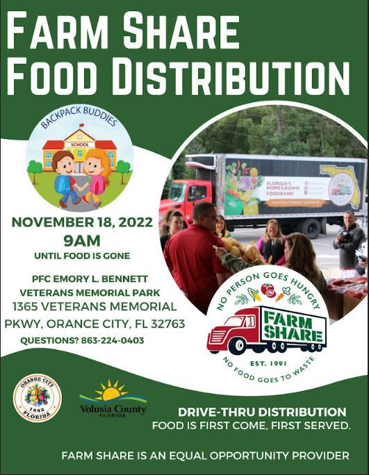 Farm Share and Backpack Buddies will host a free food distribution event in Orange City on Friday, Nov. 18.