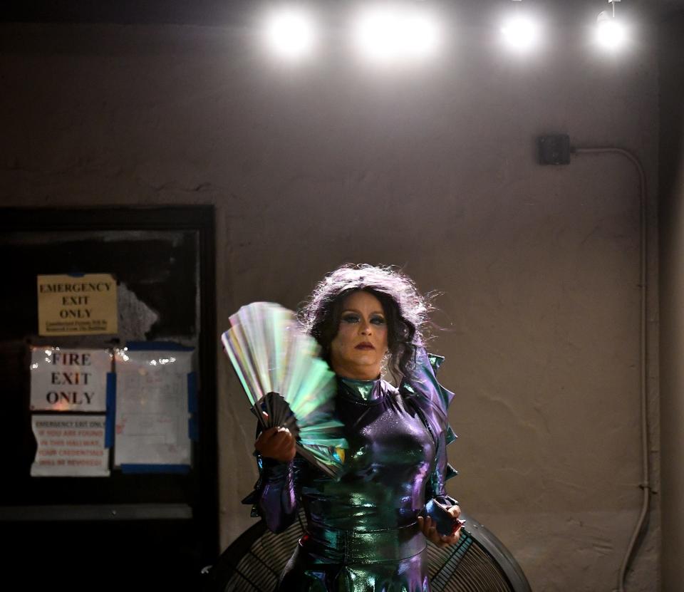 Lights and a fan are what drag performer Miss M Lancaster needs moments before the Queer AF Art + Fashion Fundraiser last year at the Palladium.