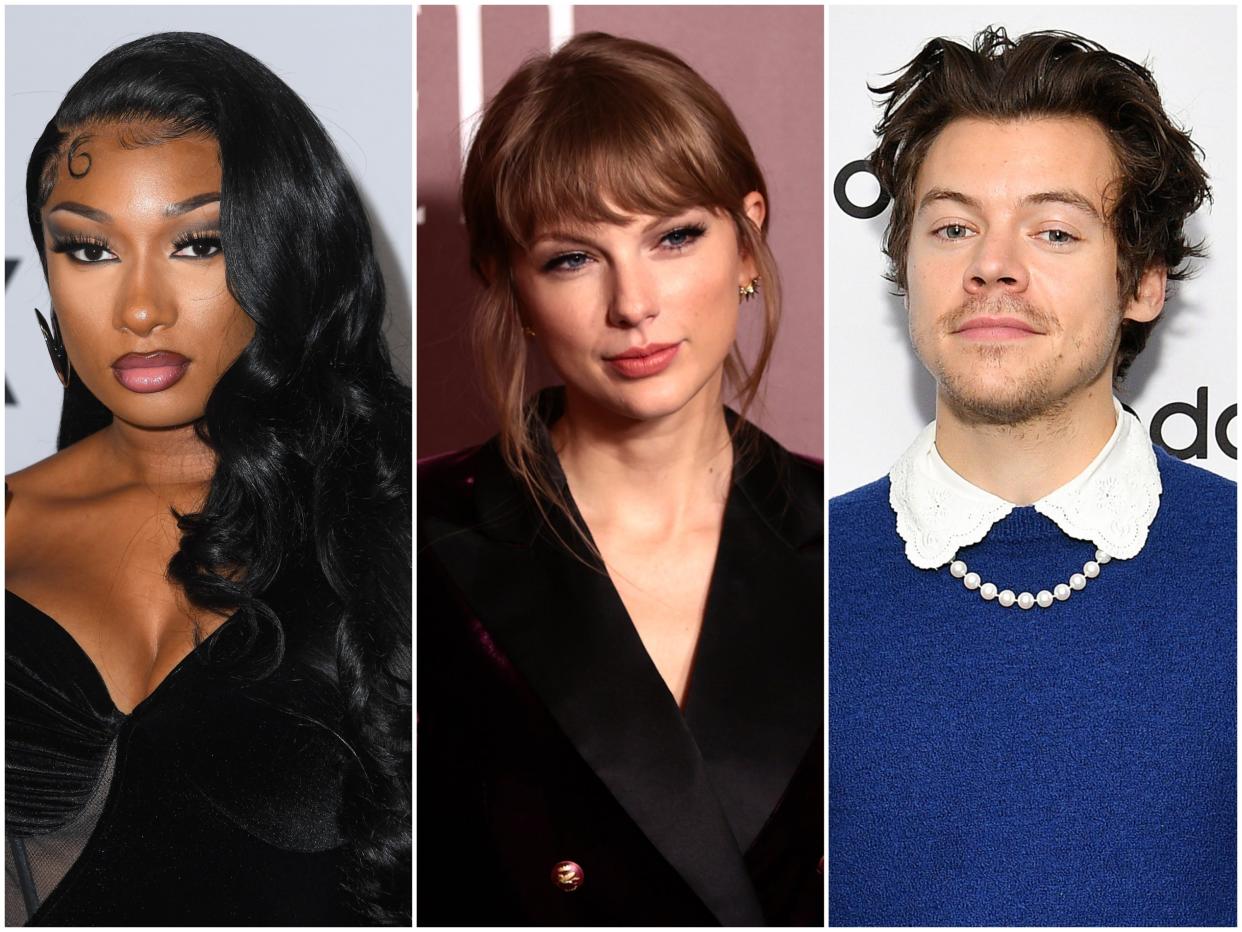 A three-way panel of Megan Thee Stallion, Taylor Swift, and Harry Styles