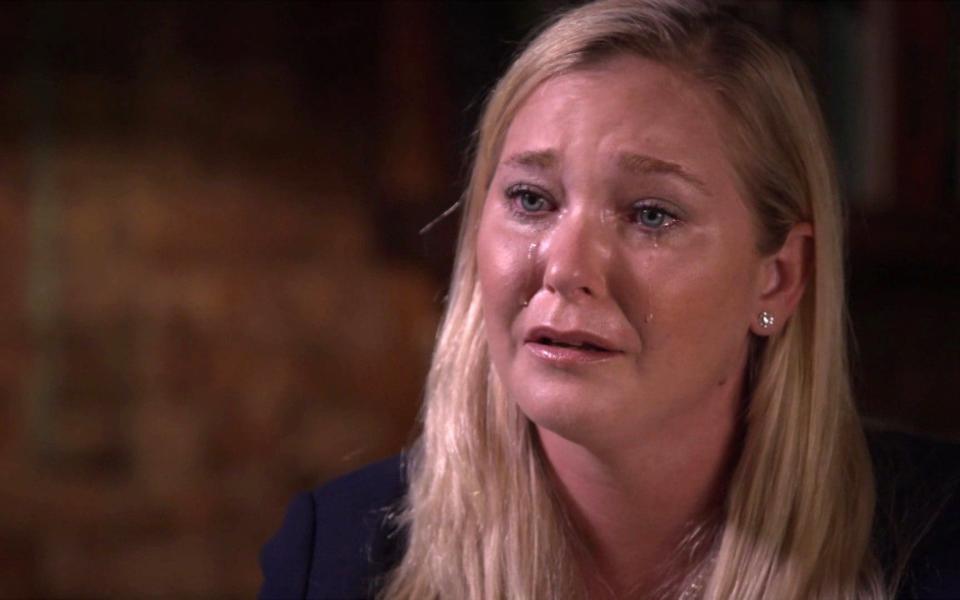 Virginia Roberts Giuffre cries during an interview with BBC Panorama about allegedly being forced to sleep with Prince Andrew aged 17 - BBC