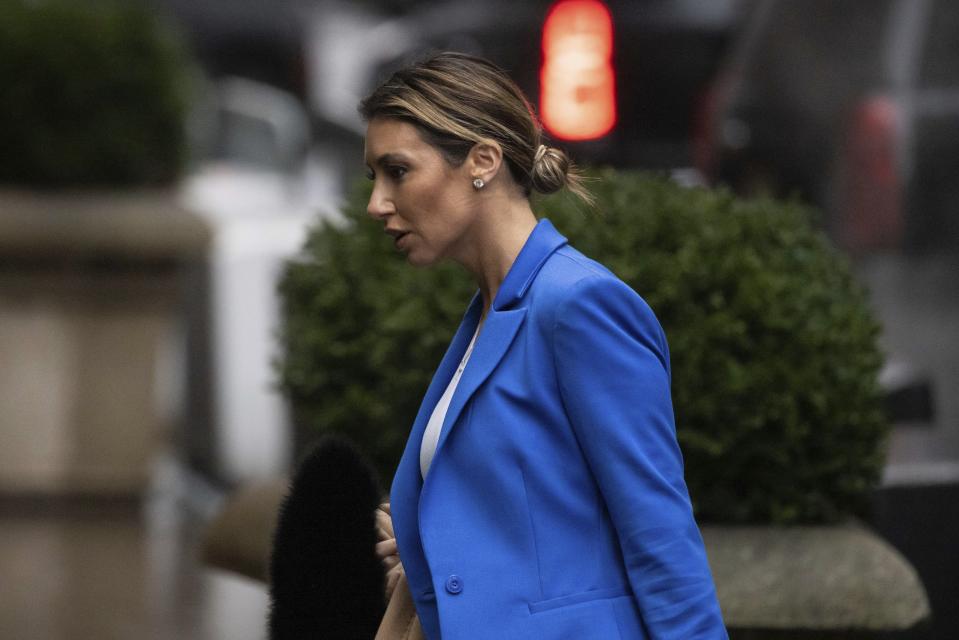 Alina Habba, one of ex-President Donald Trump's attorneys arrives at Trump Tower, Friday, Jan 26, 2024, in New York. Closing arguments are to begin Friday in the defamation case against Trump a day after the former president left a New York courtroom fuming that he hadn't been given an opportunity to refute E. Jean Carroll's sexual abuse accusations. (AP Photo/Yuki Iwamura)