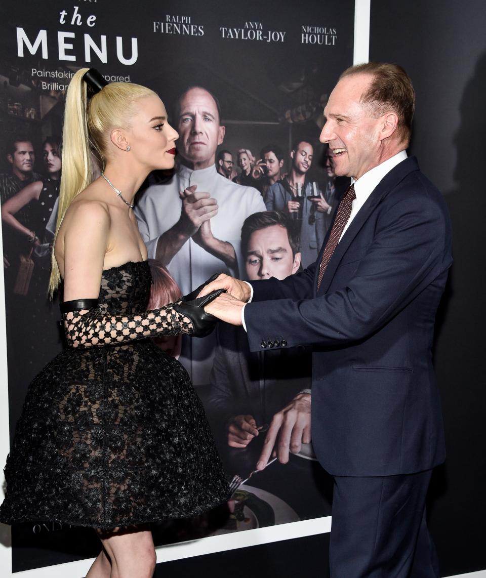 Anya Taylor-Joy, left, and Ralph Fiennes at the New York premiere of "The Menu" on Nov. 14.