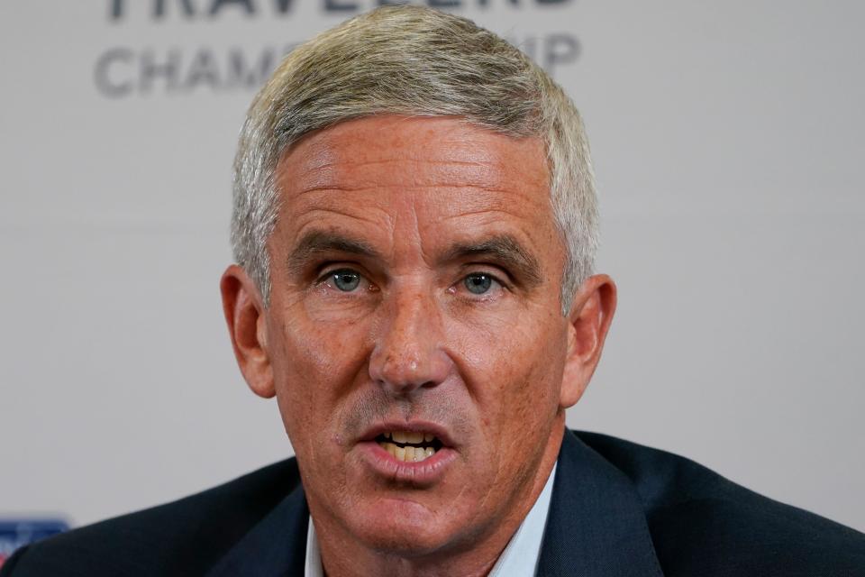 PGA Tour Commissioner Jay Monahan speaks during a news conference before the start of the Travelers Championship golf tournament at TPC River Highlands, Wednesday, June 22, 2022, in Cromwell, Conn.