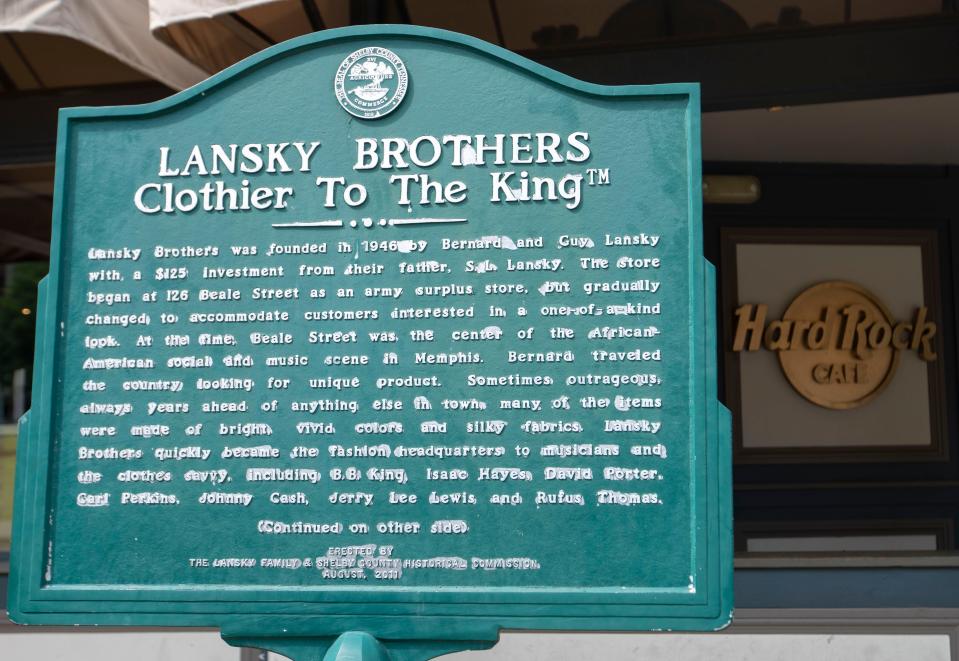 A sign stands at the original Lansky Brothers location Wednesday, July 27, 2022, on Beale Street in Memphis. Lansky Brothers is famous for styling Memphis icons, including Elvis Presley, Isaac Hayes and David Porter. 